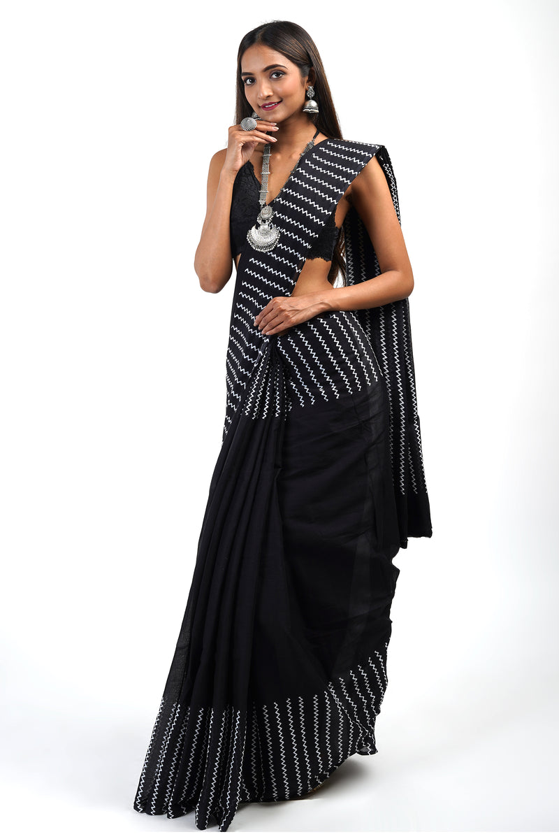 Teejh Urmika Black Block Print Cotton Saree With Blouse Piece