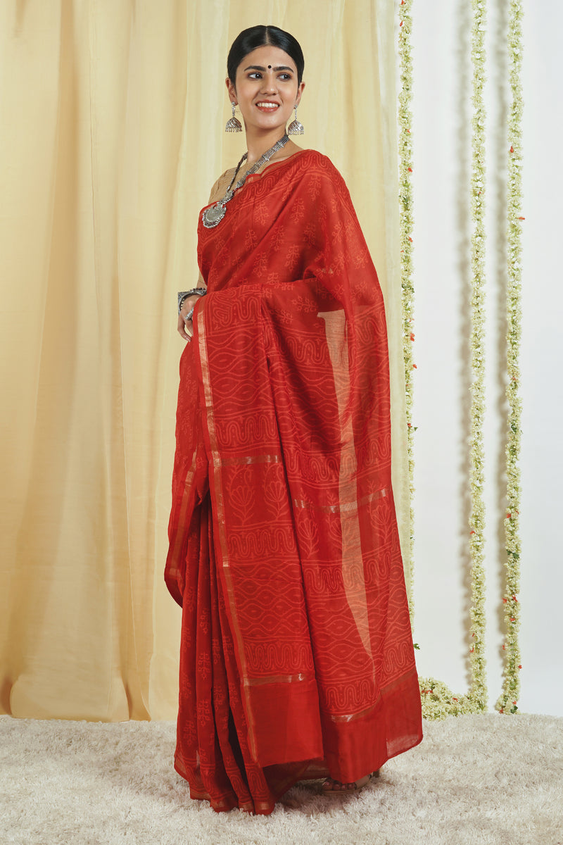 Teejh Red Block Print Chanderi Silk Saree With Blouse Piece