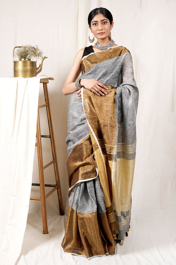 Buy Syrup Brown Cotton Linen Saree online-Karagiri